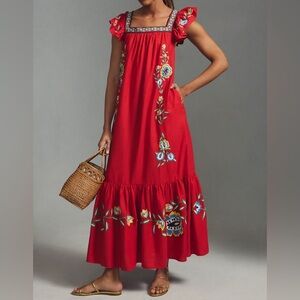 Farm Rio for Anthropologie Embroidered Square-Neck Maxi Dress Size S